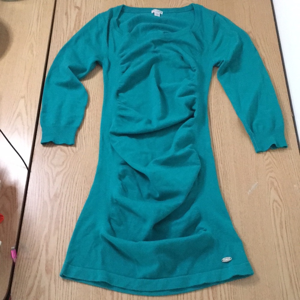 B65 Womens Guess Scoop Neck 3/4”-Long Sleeve Ruched Sweater Dress Size Small